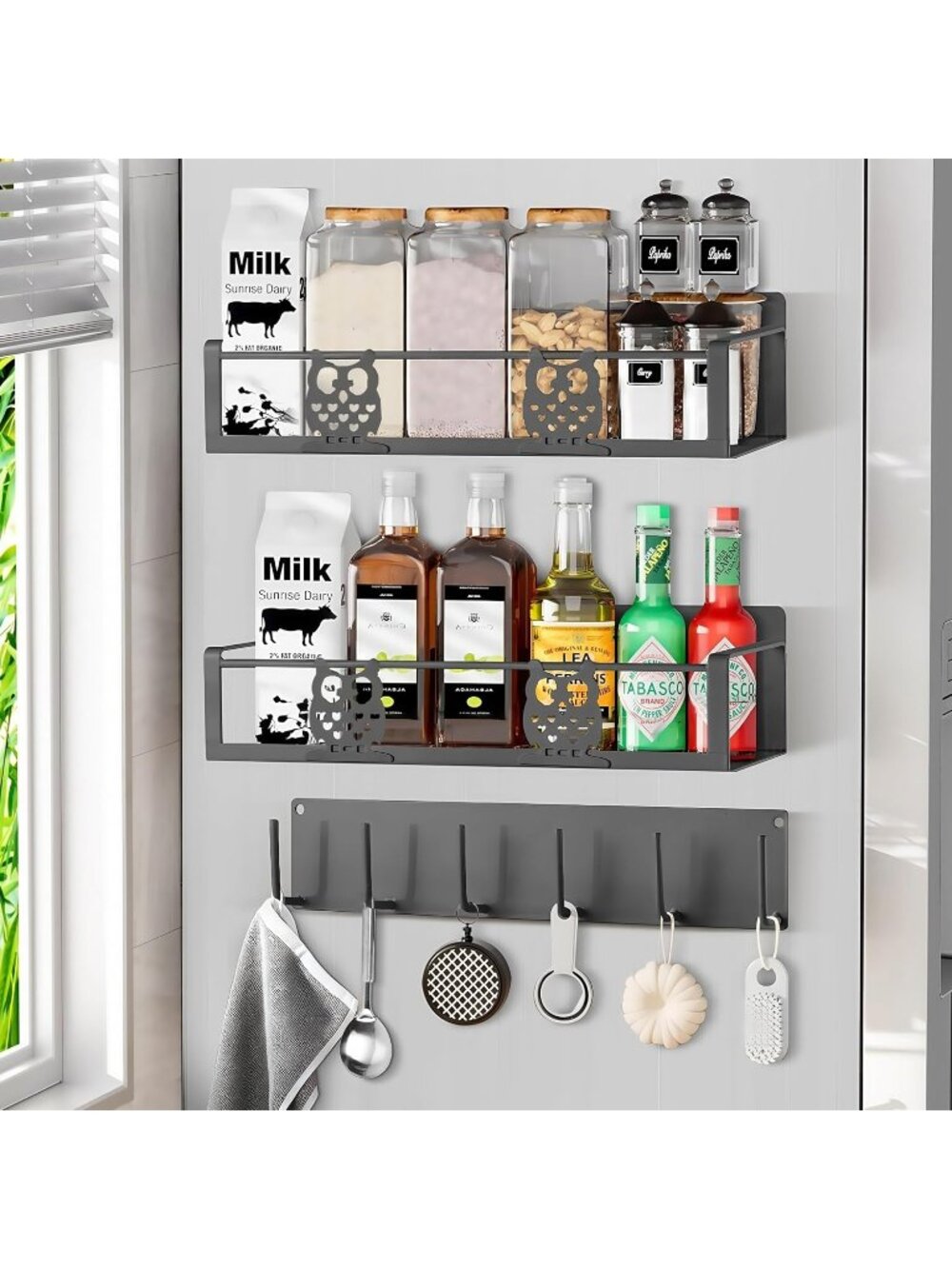 New Gray Magnetic Spice Rack Fridge Shelf with Hooks Owl Kitchen Organizer Rack